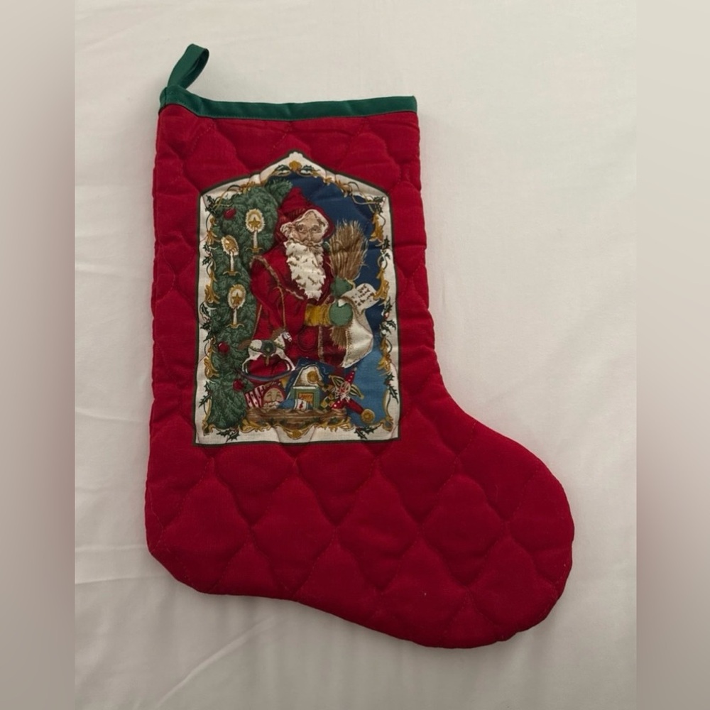 Vintage Old World Santa Christmas Stocking red quilted